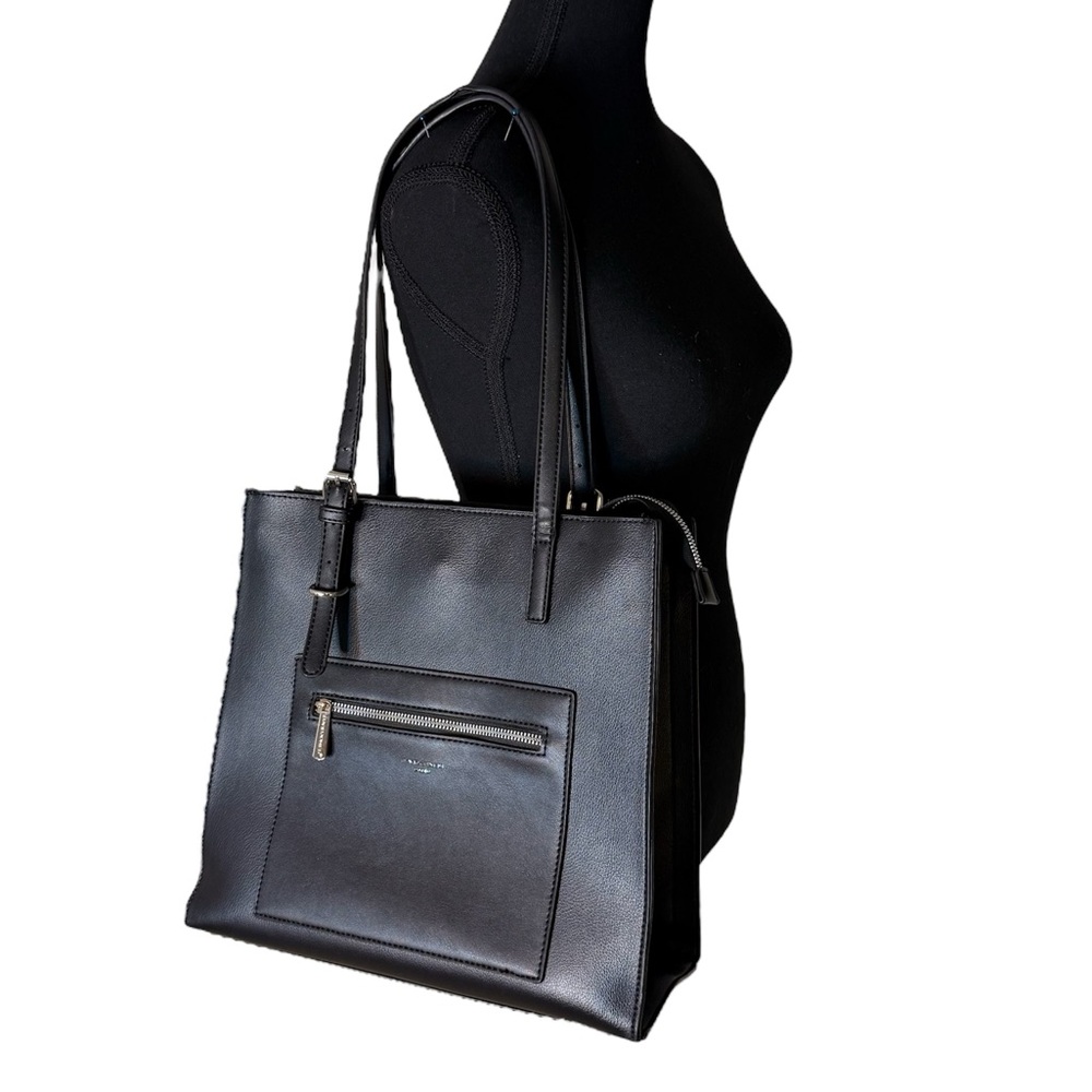 DAVID JONES Black Faux Leather Tote Bag Handbag Classic Zipper Structured